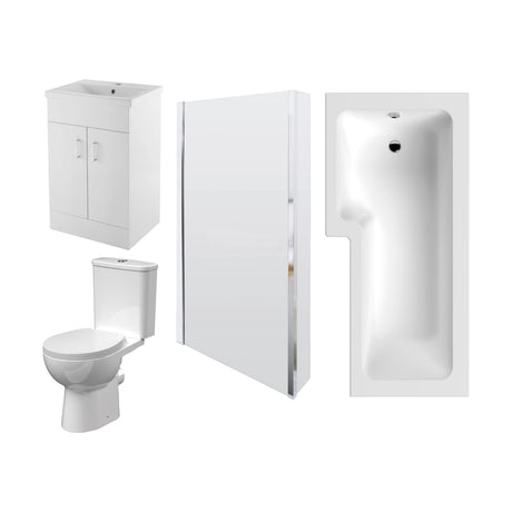[BBBZ009] 1700mm Bathroom Suite - L Shape Shower Bath, Front Panel, Shower Bath Screen, Vanity Basin Unit and Toilet with Seat - Gloss White - Cutout