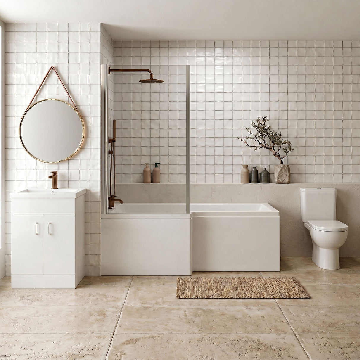 [BBBZ009] 1700mm Bathroom Suite - L Shape Shower Bath, Front Panel, Shower Bath Screen, Vanity Basin Unit and Toilet with Seat - Gloss White - Silo