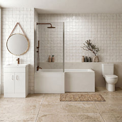 [BBBZ009] 1700mm Bathroom Suite - L Shape Shower Bath, Front Panel, Shower Bath Screen, Vanity Basin Unit and Toilet with Seat - Gloss White - Silo