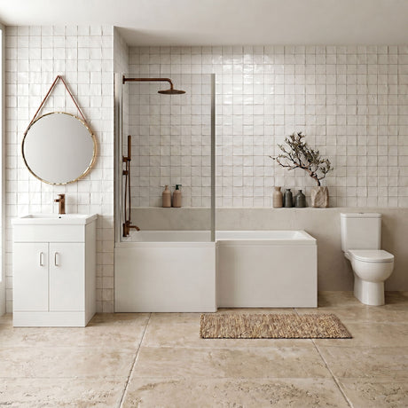 [BBBZ009] 1700mm Bathroom Suite - L Shape Shower Bath, Front Panel, Shower Bath Screen, Vanity Basin Unit and Toilet with Seat - Gloss White - Silo