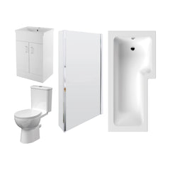 [BBBZ010] 1700mm Bathroom Suite - L Shape Shower Bath, Front Panel, Shower Bath Screen, Vanity Basin Unit and Toilet and Seat - Gloss White - Cutout