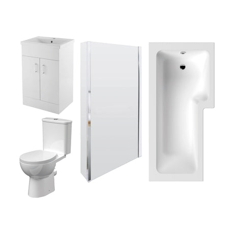 [BBBZ010] 1700mm Bathroom Suite - L Shape Shower Bath, Front Panel, Shower Bath Screen, Vanity Basin Unit and Toilet and Seat - Gloss White - Cutout