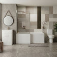 [BBBZ010] 1700mm Bathroom Suite - L Shape Shower Bath, Front Panel, Shower Bath Screen, Vanity Basin Unit and Toilet and Seat - Gloss White - Silo