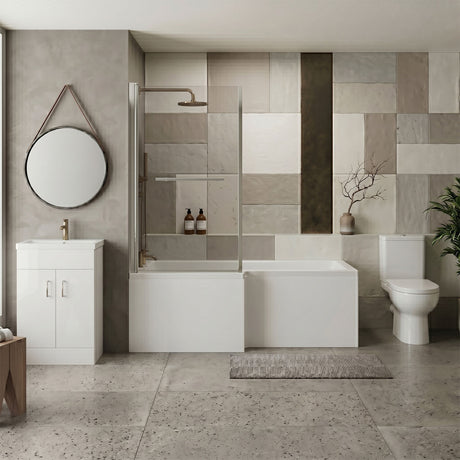 [BBBZ010] 1700mm Bathroom Suite - L Shape Shower Bath, Front Panel, Shower Bath Screen, Vanity Basin Unit and Toilet and Seat - Gloss White - Silo