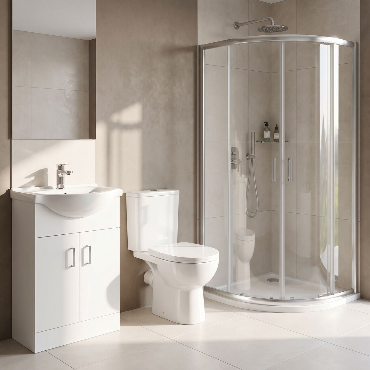 [BBBZ011] 900mm Quadrant Shower Enclosure Suite with Shower Enclosure, Shower Tray, Waste, Vanity Basin Unit, Toilet and Seat - Chrome/White - Lifestyle 1