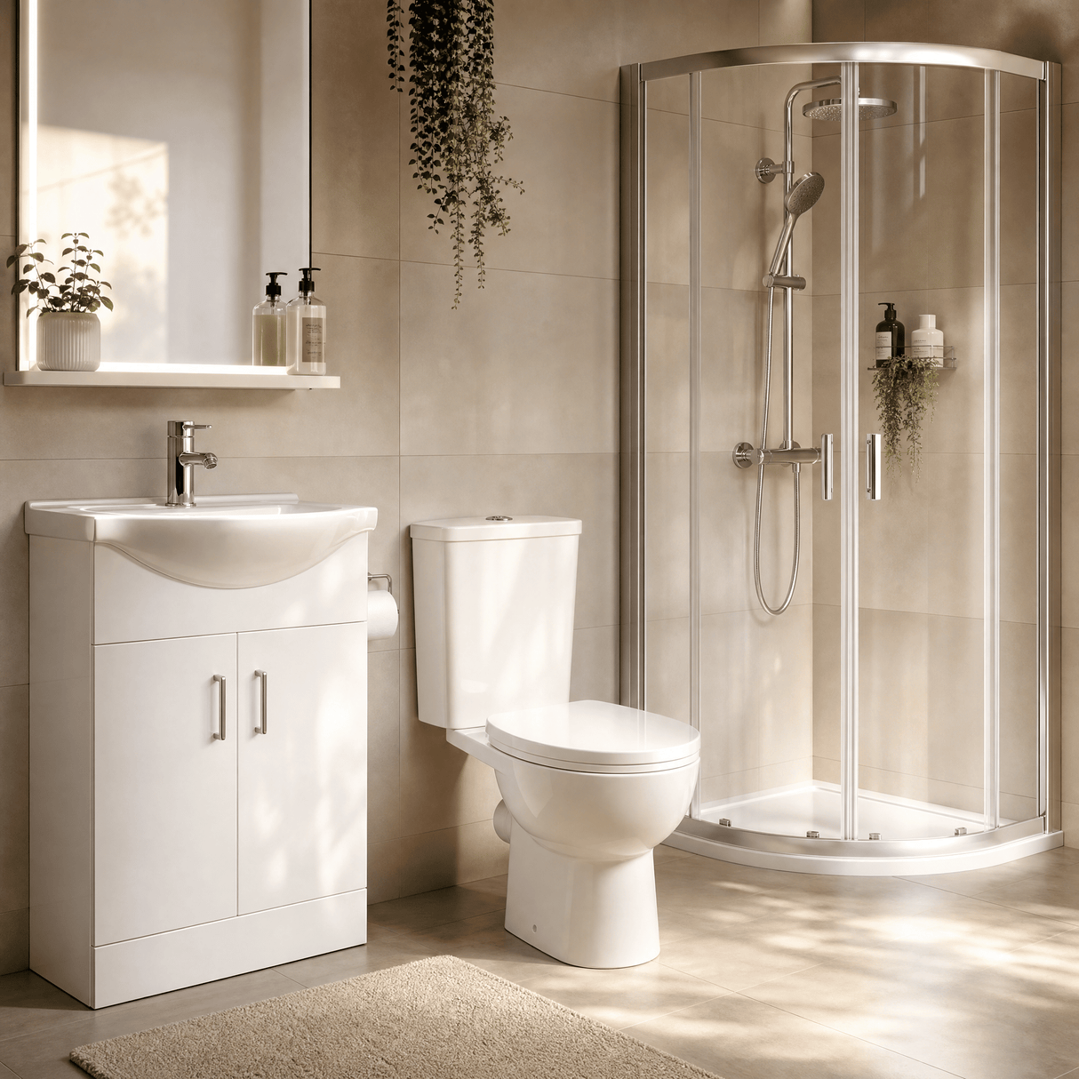 [BBBZ011] 900mm Quadrant Shower Enclosure Suite with Shower Enclosure, Shower Tray, Waste, Vanity Basin Unit, Toilet and Seat - Chrome/White - Lifestyle 2