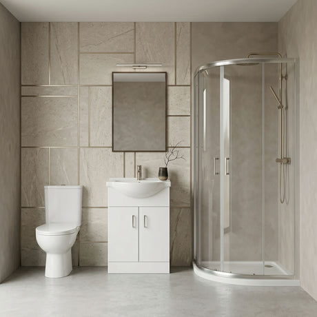 [BBBZ011] 900mm Quadrant Shower Enclosure Suite with Shower Enclosure, Shower Tray, Waste, Vanity Basin Unit, Toilet and Seat - Chrome/White - Silo