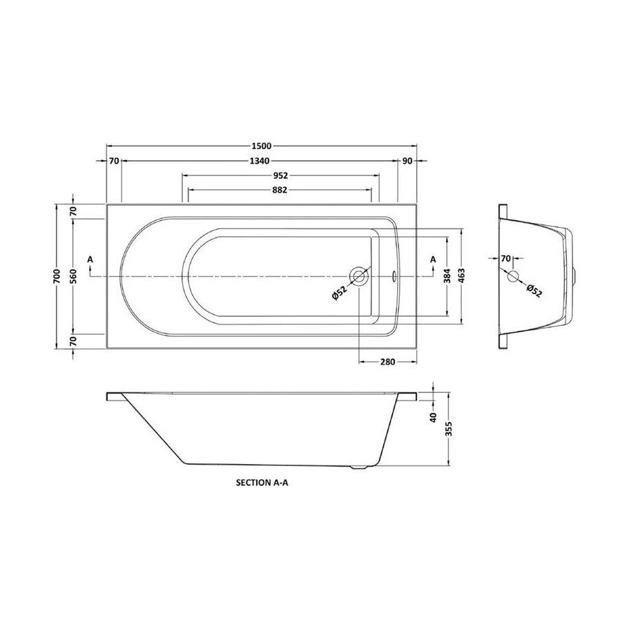 [BBCAS152] Round Single Ended Bath, 1500 x 700mm, White - Technical Drawing