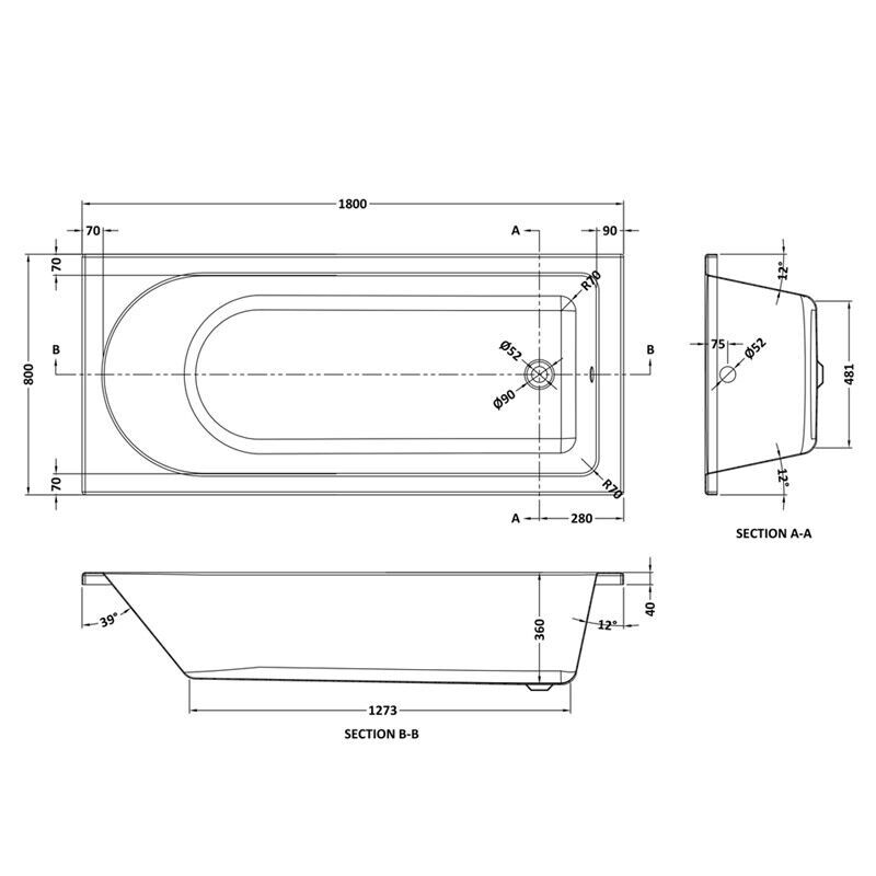 [BBCAS182] Round Single Ended Bath, 1800 x 800mm, White - Technical Drawing
