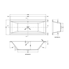 [BBDE006] Square DE Bath with Leg Set 1700x700 EL - Technical Drawing