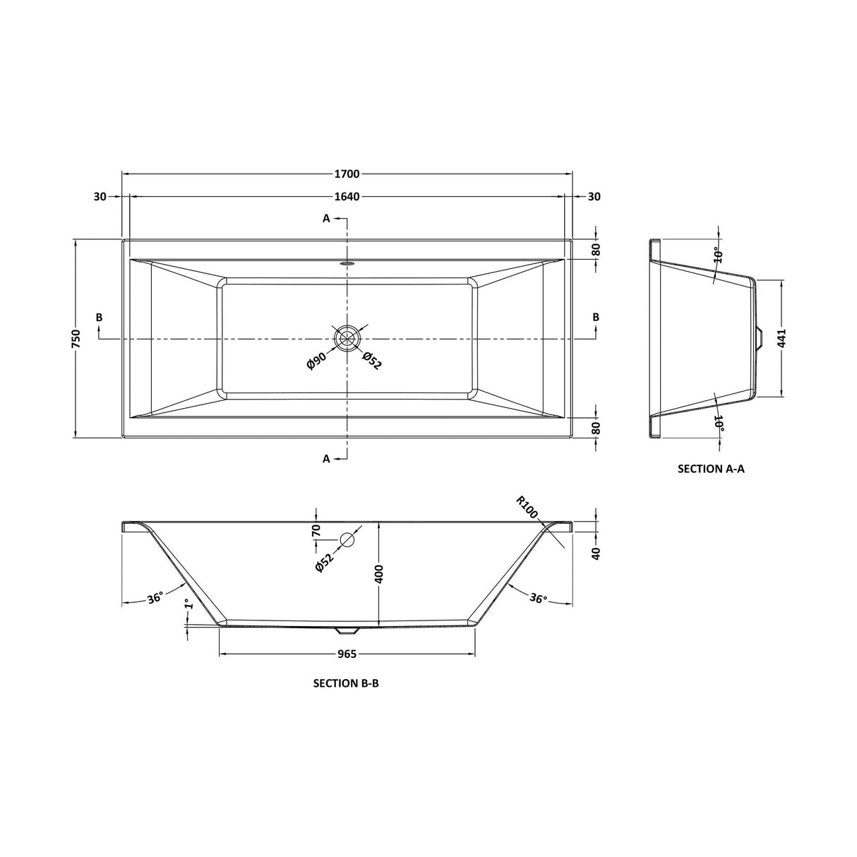 [BBDE007] Square Double Ended Eternalite Bath with Leg Set, Choice of Size - Technical Drawing