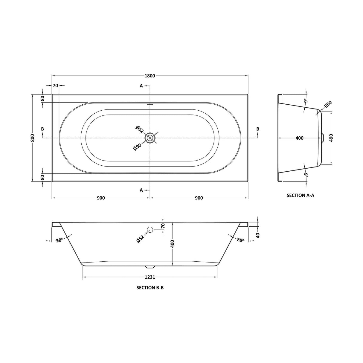 [BBDE011] Round Double Ended Eternalite Bath with Leg Set, Choice of Size - Technical Drawing