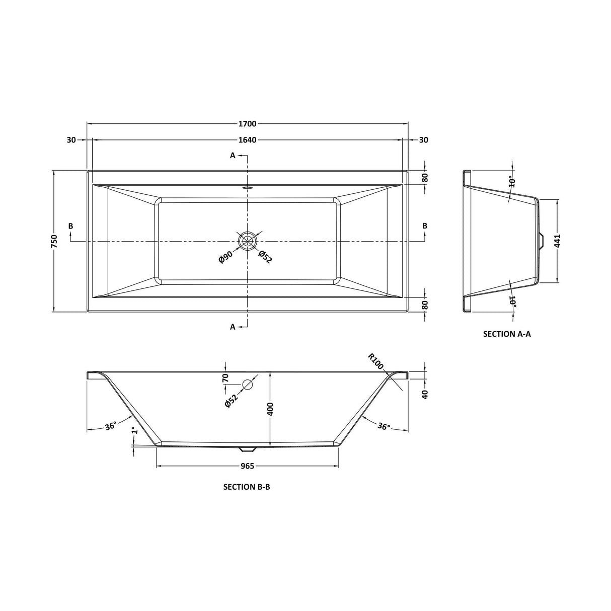 [BBDE210] Balterley Modern Double Ended Straight Shower Bath, 1700mm x 700mm (Tap, Waste and Panel Not Included) - White - Technical Drawing