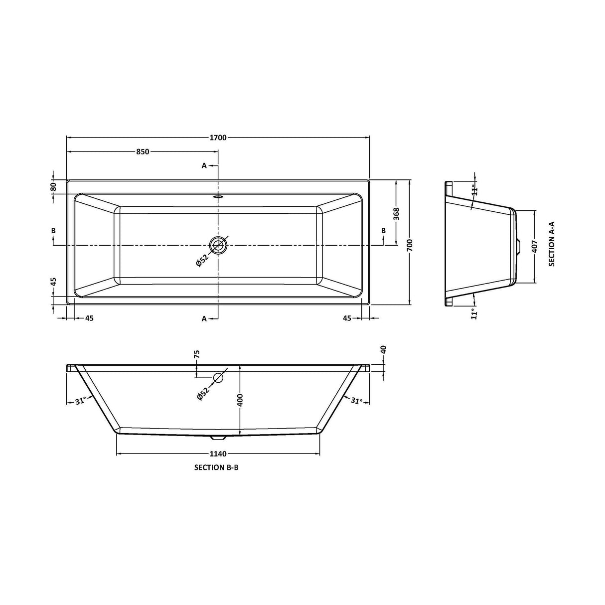 [BBDE909] Balterley Modern Square Thin Edge Double Ended Straight Shower Bath with Leg Set, 1700mm x 700mm - White - Technical Drawing