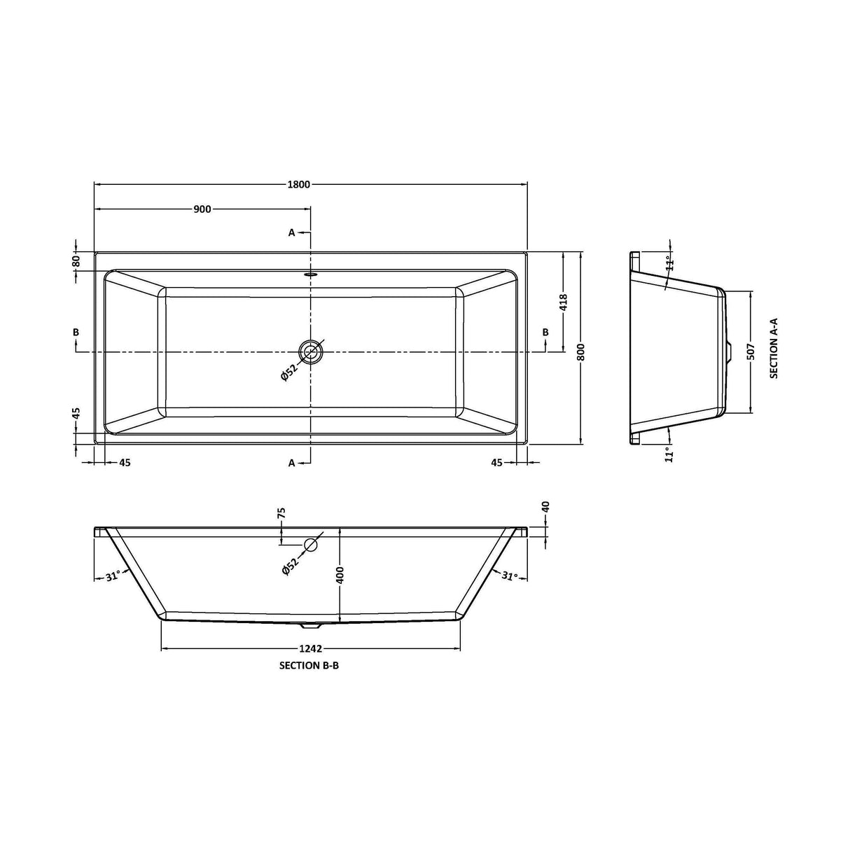 [BBDE914] Balterley Modern Square Thin Edge Double Ended Straight Shower Bath with Leg Set, White, Choice of Size - Technical Drawing