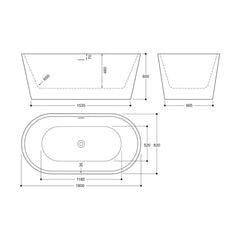 [BBEA101CO] Luxury Modern Freestanding Oval Bath - Choice of Finish & Size - Technical Drawing