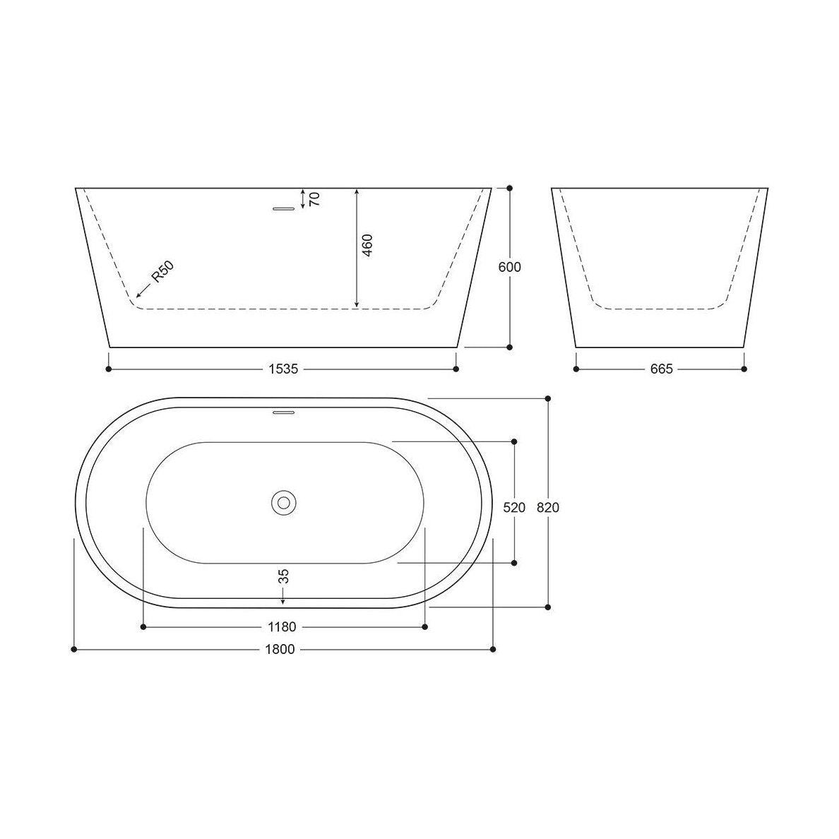 [BBEA101WM] Modern Bathroom Freestanding Bath, 1800 x 600 x 820mm, White Marble - Technical Drawing