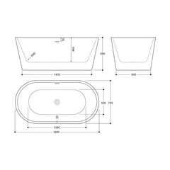 [BBEA102CO] Luxury Modern Freestanding Oval Bath - Choice of Finish & Size - Technical Drawing
