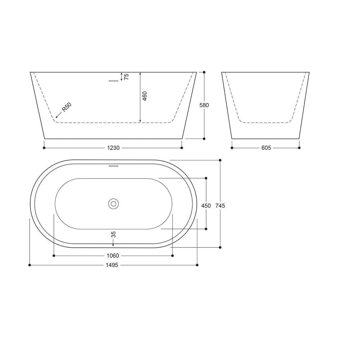 [BBEA103SV] Luxury Modern Freestanding Oval Bath - Choice of Finish & Size - Technical Drawing