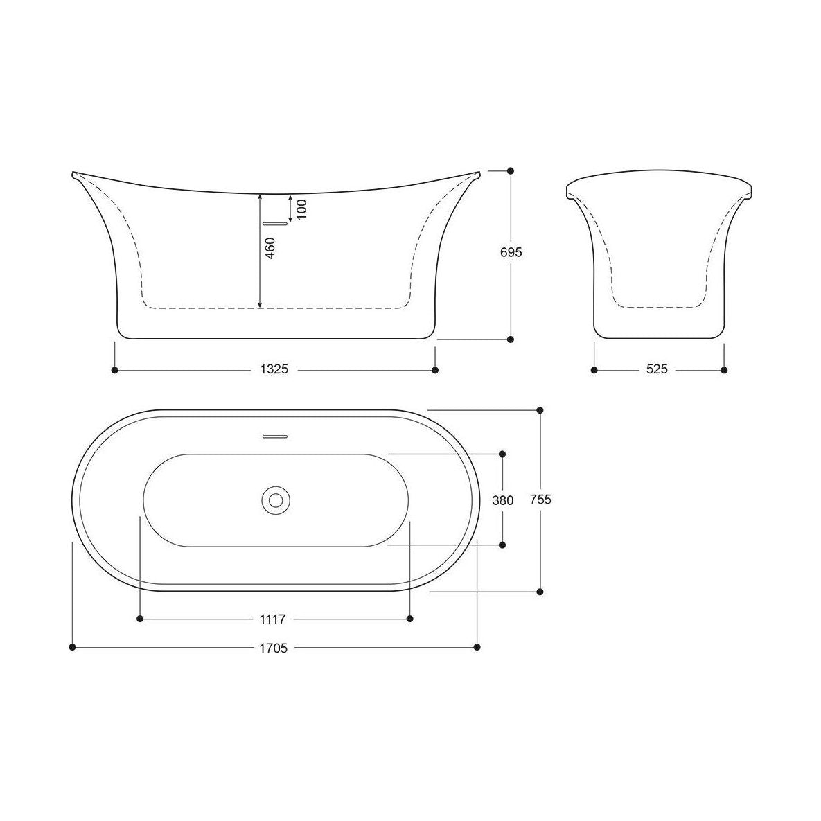 [BBEA105CO] Modern Bathroom Freestanding Bath, 1705 x 695 x 755mm, Copper - Technical Drawing
