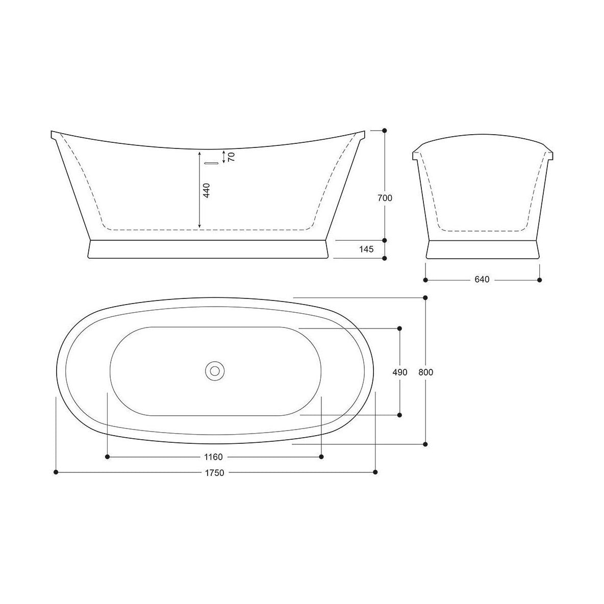 [BBEA107MT] Modern Double Ended Freestanding Bath, 1750 x 700 x 800mm, Gun Metal - Technical Drawing