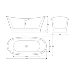 [BBEA107MT] Modern Double Ended Freestanding Bath, 1750 x 700 x 800mm, Gun Metal - Technical Drawing