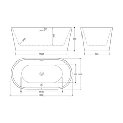 [BBFS101GO] Luxury Modern Freestanding Oval Bath - Choice of Finish & Size - Technical Drawing