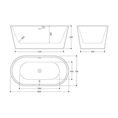 [BBFS102WM] Modern Oval Freestanding Double Ended Bath, White Marble Finish - Choice of Size - Technical Drawing