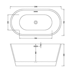 [BBFS150] Contemporary Oval Freestanding Double Ended Bath - Choice of Size - Technical Drawing