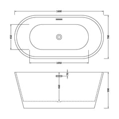 [BBFS151] Contemporary Oval Freestanding Double Ended Bath - Choice of Size - Technical Drawing