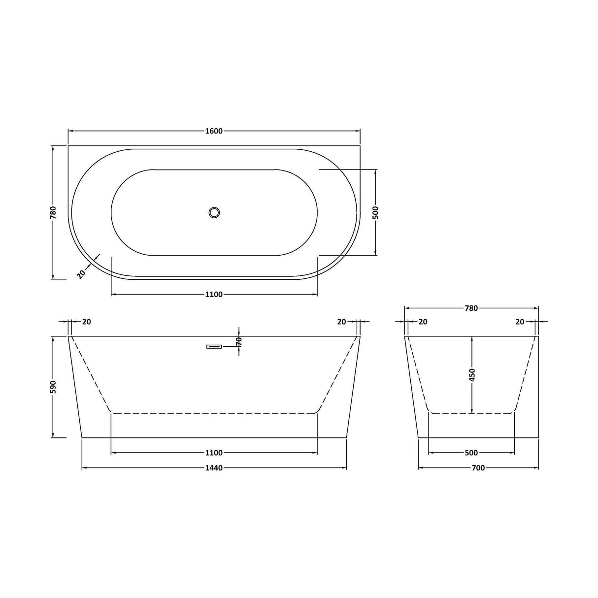 [BBFS154] Contemporary Back To Wall Freestanding Bath from Balterley - Modern Design in Multiple Sizes - Technical Drawing