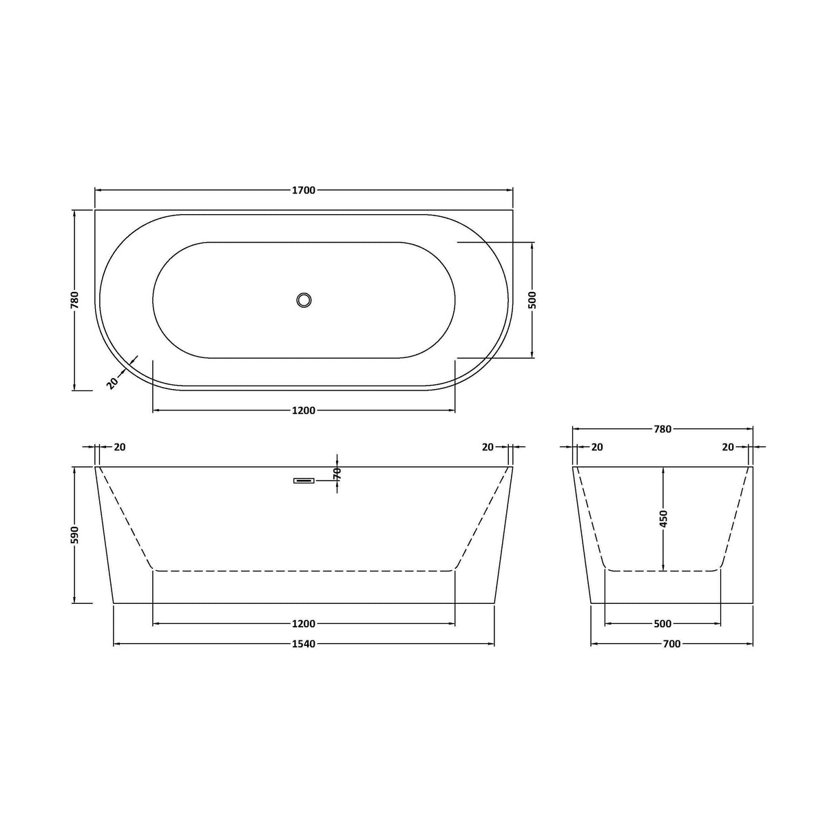 [BBFS155] Contemporary Back To Wall Freestanding Bath from Balterley - Modern Design in Multiple Sizes - Technical Drawing