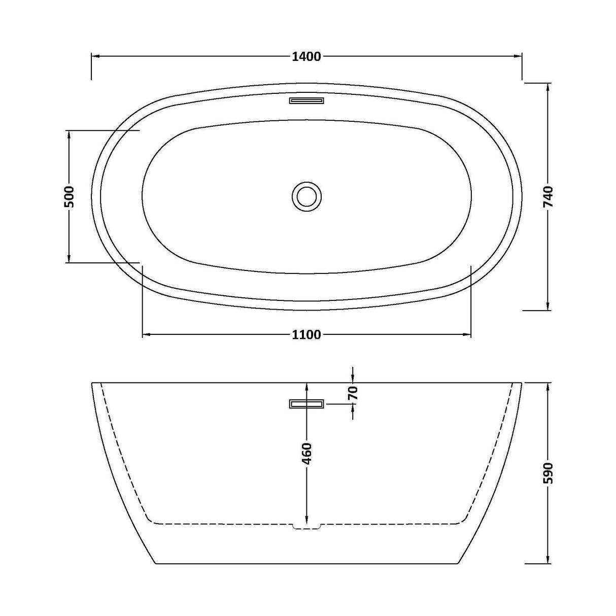 [BBFS156] Contemporary Oval Freestanding Bath with Waste, Double Ended - Choice of Size - Technical Drawing