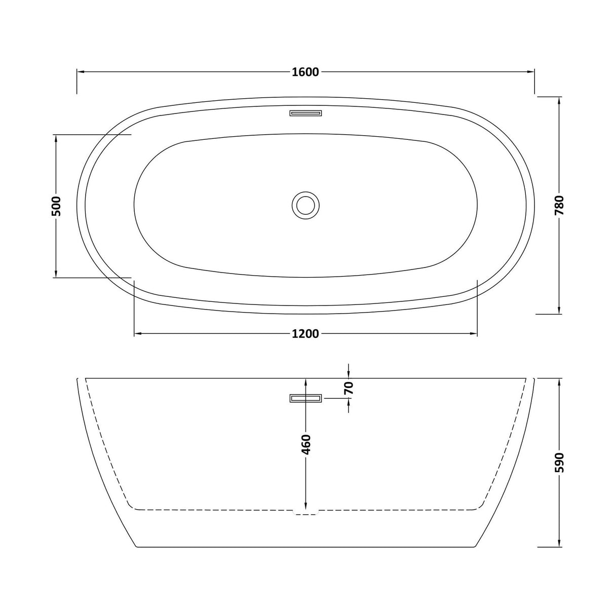 [BBFS157] Contemporary Oval Freestanding Bath with Waste, Double Ended - Choice of Size - Technical Drawing