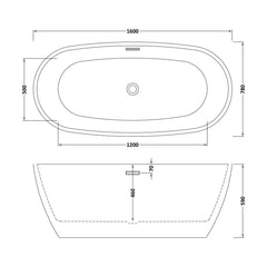 [BBFS157] Contemporary Oval Freestanding Bath with Waste, Double Ended - Choice of Size - Technical Drawing