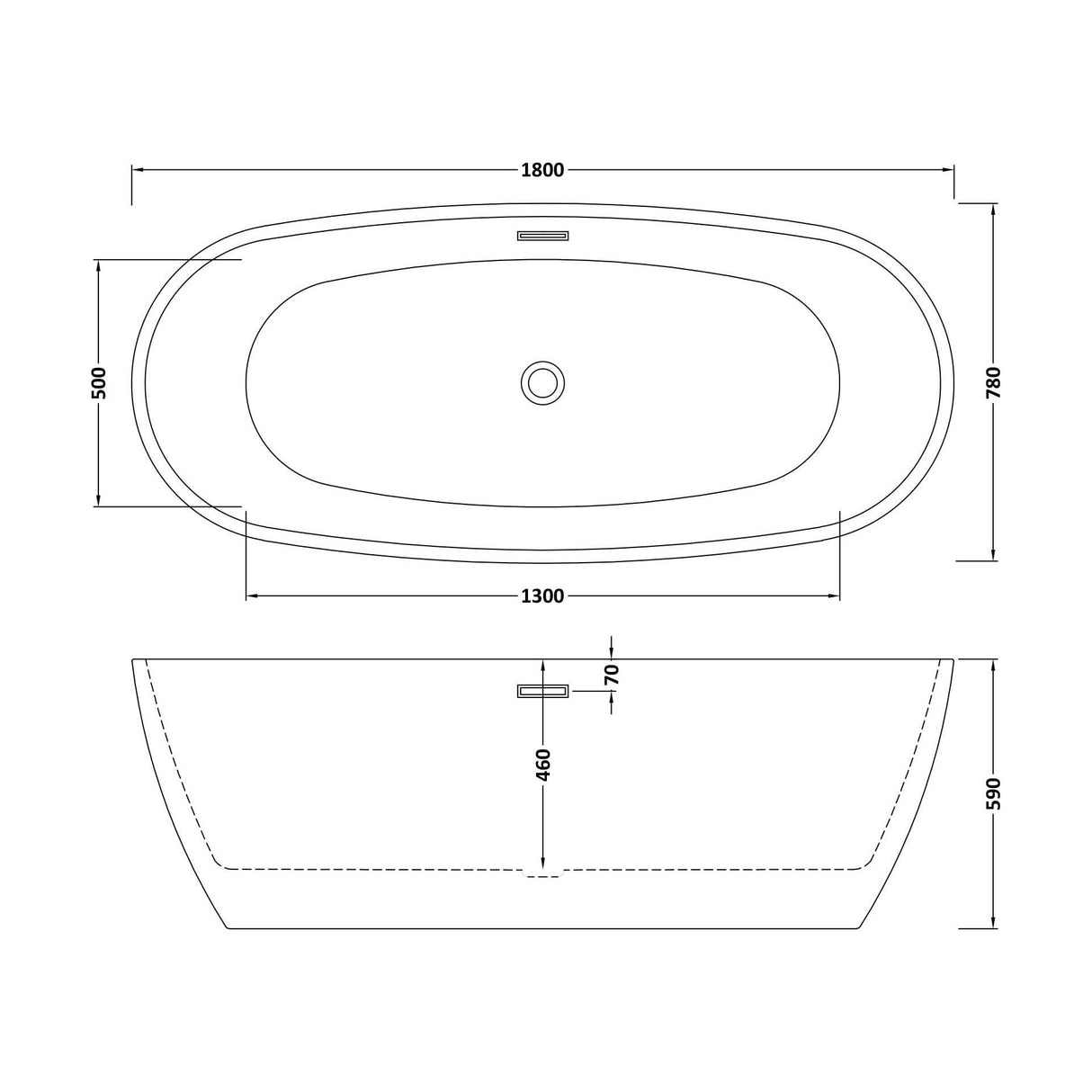 [BBFS159] Contemporary Oval Freestanding Bath with Waste, Double Ended - Choice of Size - Technical Drawing