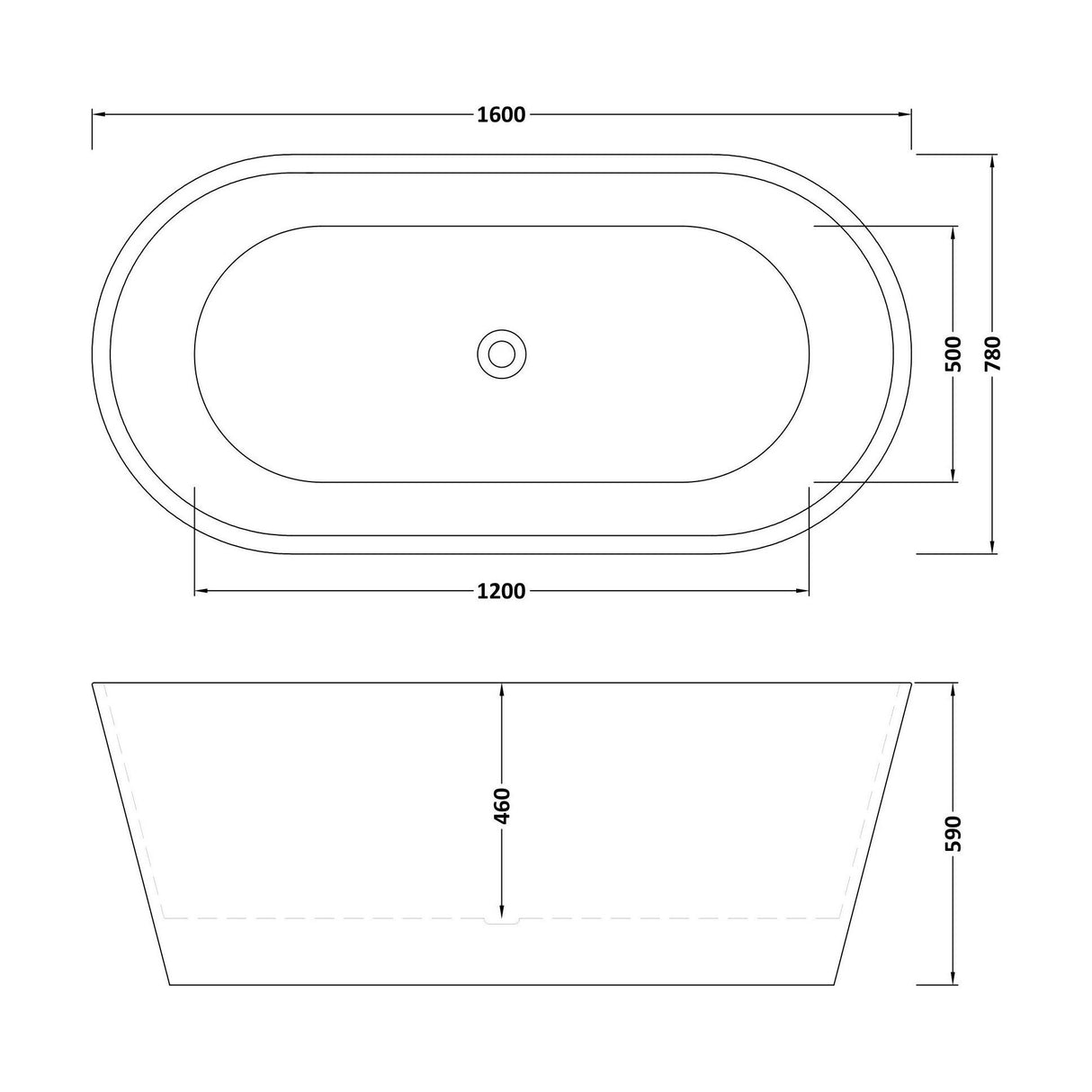 [BBFS160] Contemporary Rounded Rectangular Freestanding Bath with Waste - Choice of Size - Technical Drawing
