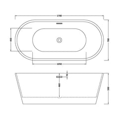 [BBFS161] Contemporary Rounded Rectangular Freestanding Bath with Waste - Choice of Size - Technical Drawing