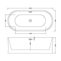 [BBFS164] Contemporary White Curved Freestanding Bath - Choice of Size - Technical Drawing