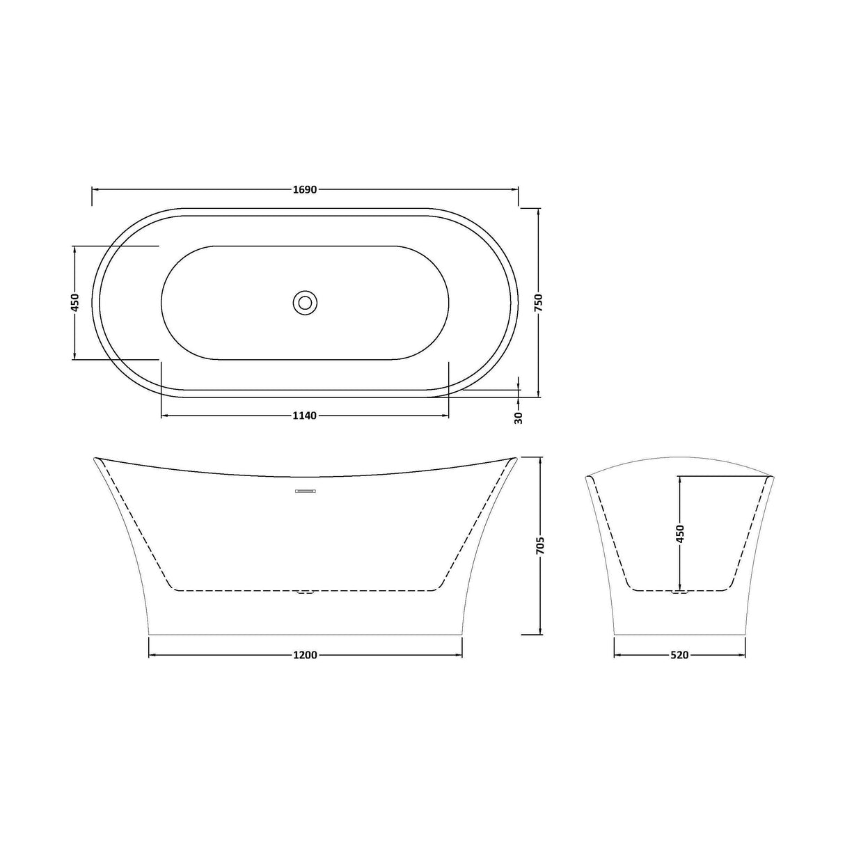 [BBFS167] Contemporary Slipper Freestanding Bath  - 1700mm x 750mm - Technical Drawing