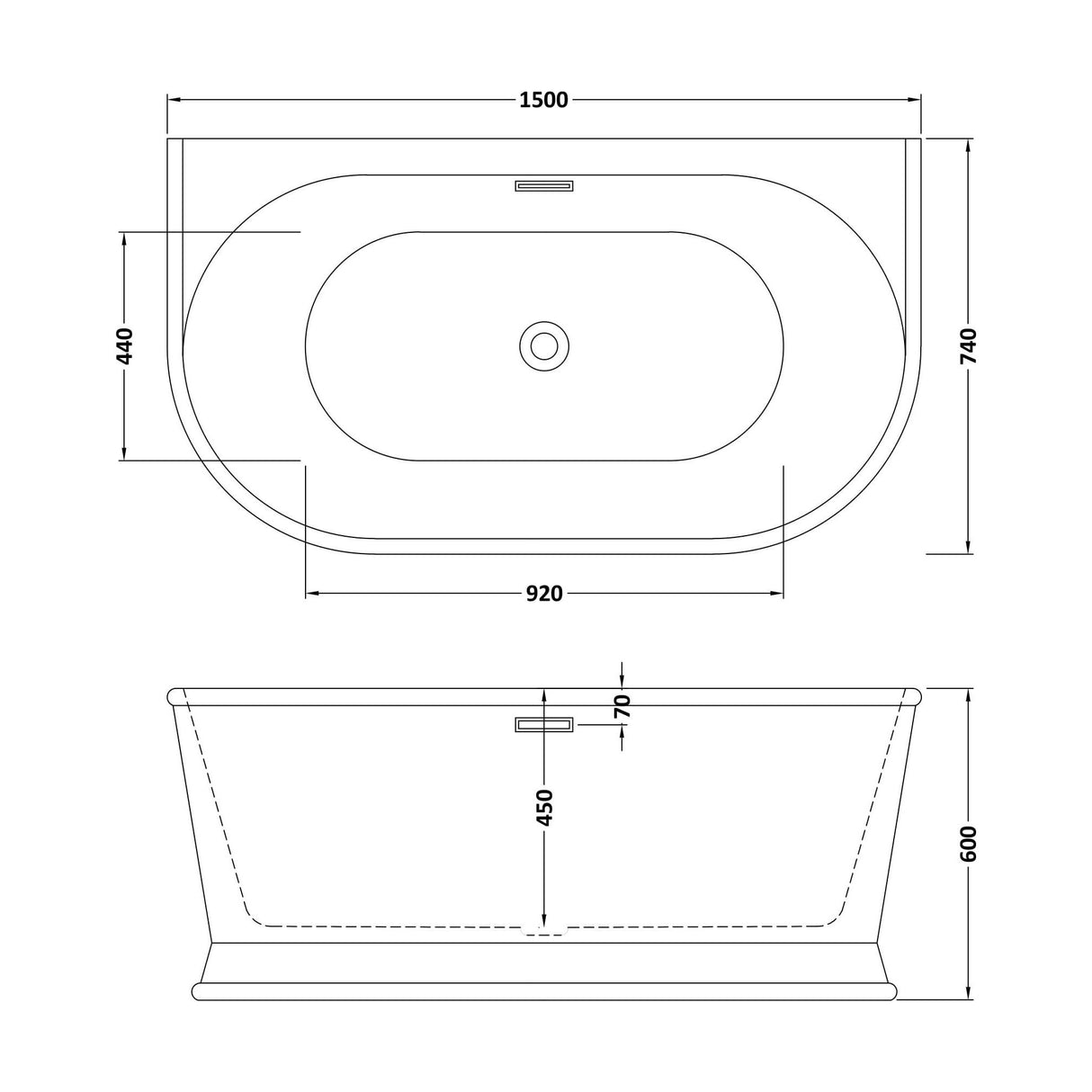 [BBFS168] Contemporary Back To Wall Freestanding Bath, Modern Double Ended Design - Choice of Size - Technical Drawing