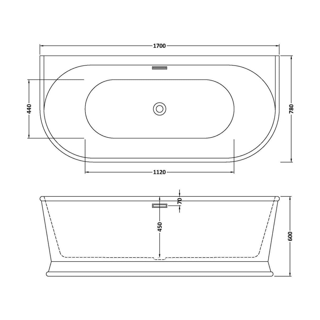 [BBFS169] Contemporary Back To Wall Freestanding Bath, Modern Double Ended Design - Choice of Size - Technical Drawing