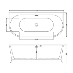 [BBFS169] Contemporary Back To Wall Freestanding Bath, Modern Double Ended Design - Choice of Size - Technical Drawing