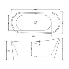 [BBFS171] Contemporary Slipper Freestanding Bath from Balterley - Elegant Bath in Multiple Sizes - Technical Drawing