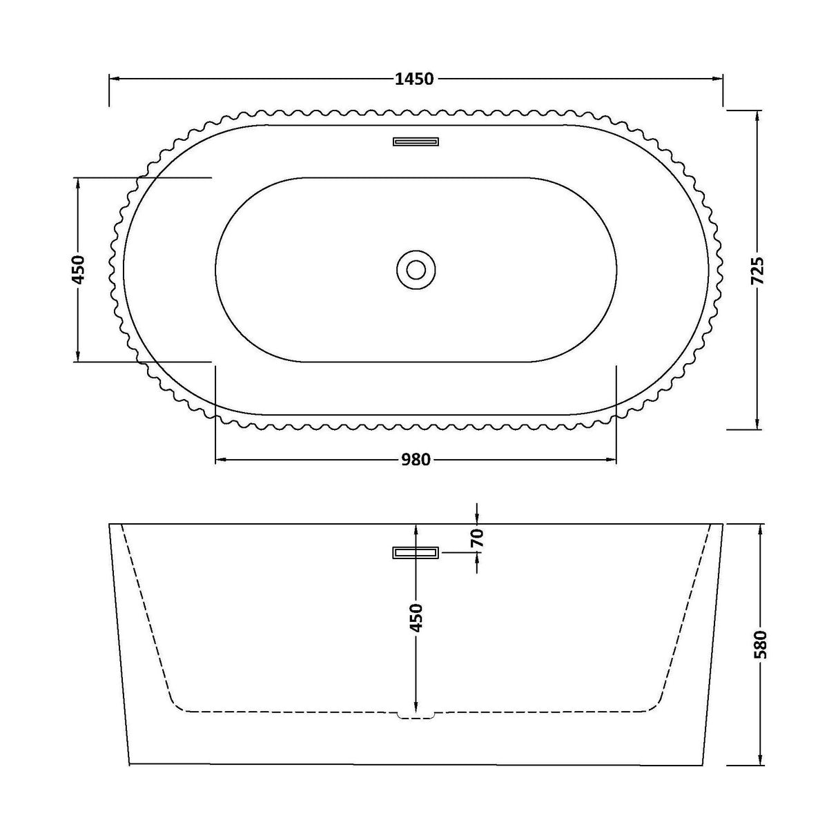 [BBFS179] Contemporary Curved Freestanding Bath, Modern Ribbed Design - Choice of Size - Technical Drawing