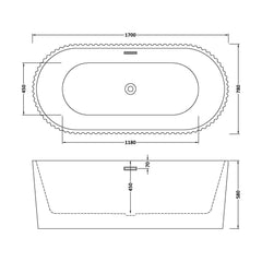 [BBFS180] Contemporary Curved Freestanding Bath, Modern Ribbed Design - Choice of Size - Technical Drawing
