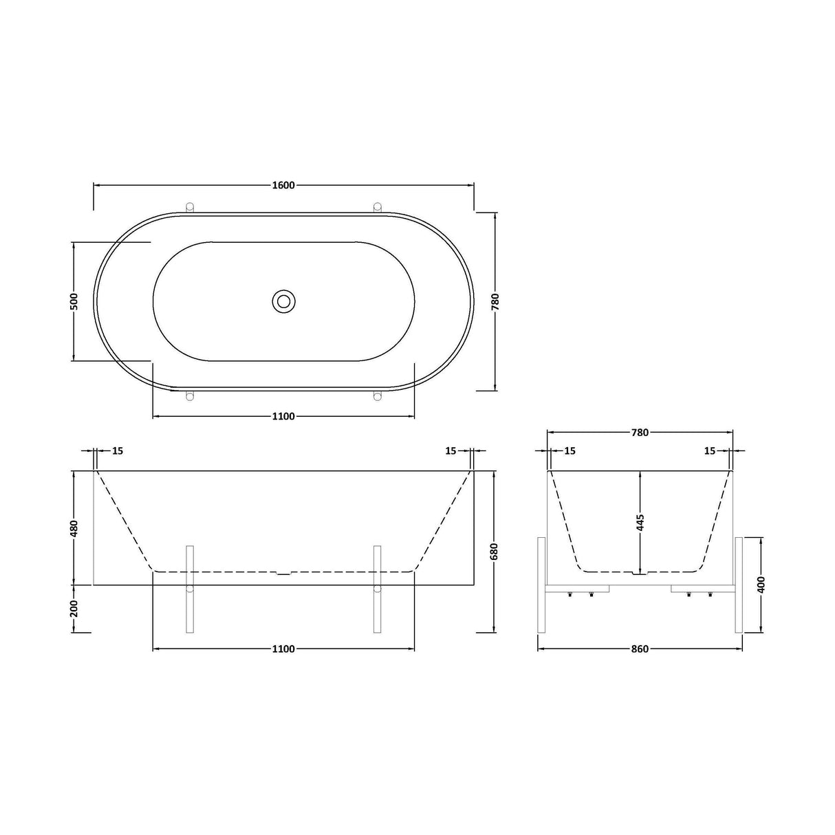 [BBFS182] Contemporary Oval Freestanding Bath with Stand - Choice of Size - Technical Drawing