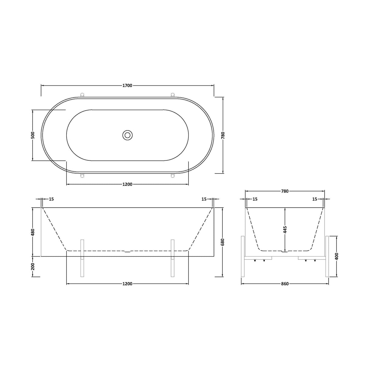 [BBFS183] Contemporary Oval Freestanding Bath with Stand - Choice of Size - Technical Drawing