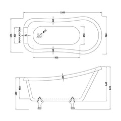 [BBFS184] Traditional Roll Top Slipper Freestanding Bath with Feet - Choice of Size - Technical Drawing