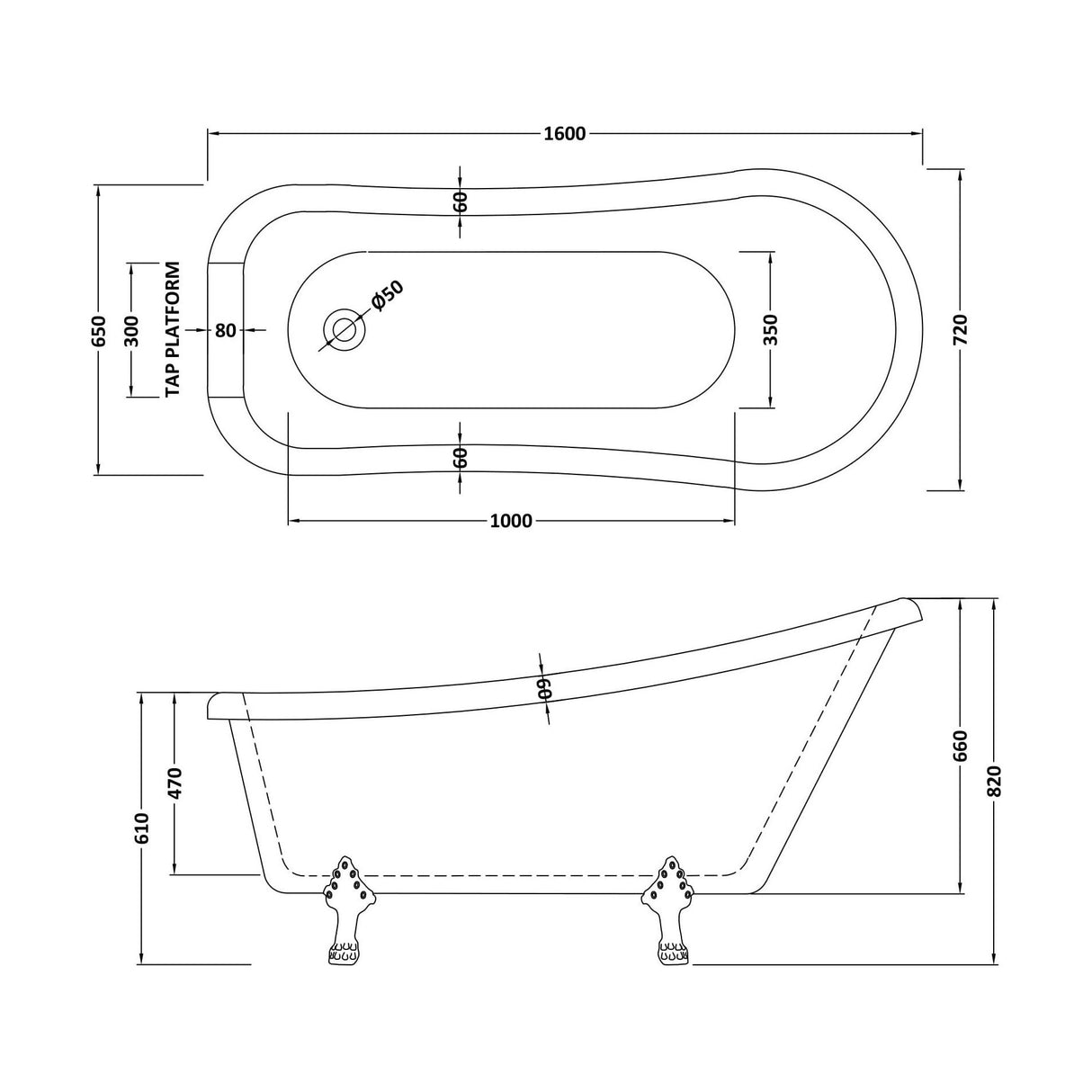 [BBFS185] Traditional Roll Top Slipper Freestanding Bath with Feet - Choice of Size - Technical Drawing
